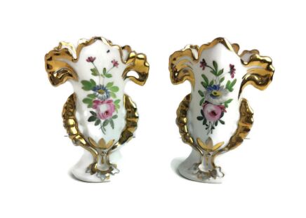 small Lovely couple Antique French  Porcelain Fan Flair Bridal Vases  Hand Painted  