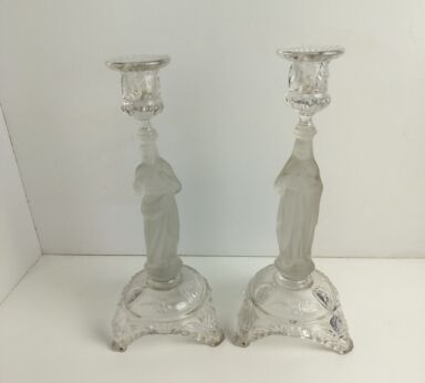 Couple Candle Holders Art Frosted Glass Holy Heart Virgin Mary Christ Vintage