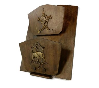 Art Deco Wood Magazine Newspaper Basket Rack Wall Mount Hanging Deer Brass Trims