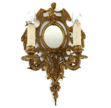 Double Wall Sconce Light Rococo Ornate Brass Angel Women Mythology Gorgous Vintage 