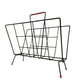 Vintage Mid Century Modern Magazine Newspaper Basket Rack Funky  Wrought iron Mategot style 