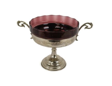 Vintage  Faux Brass Cranberry Glass Communion dish Bowl Centerpiece Ciborium Tray Catholic Church