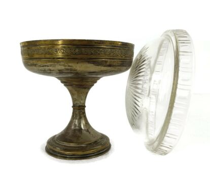 Vintage  Silver Plated faux Brass Communion dish Bowl Centerpiece Ciborium Tray  Catholic Church