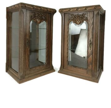 Pair Exquisite Antique Cabinets Beveled Glass hand carved Wood gorgeous Display 