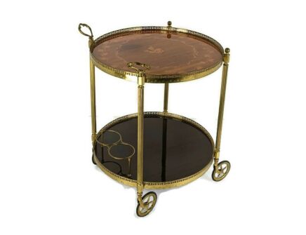 Round Italian Bar Cocktail Tea Cart Trolley Italian Hollywood Regency Marquetry 