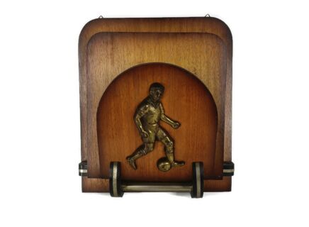 Art Deco Wood Magazine Newspaper Basket Rack Wall Mount Hanging Football player brass trim