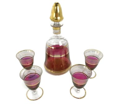 Bohemian Glass art deco set Decanter 4 shot glasses Cranberry Gold antique