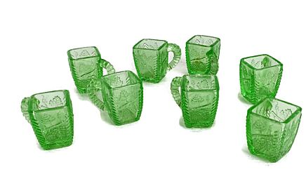 8 shot glasses antique art deco Uranium Green glass LIghts up glasses with ear stackable 