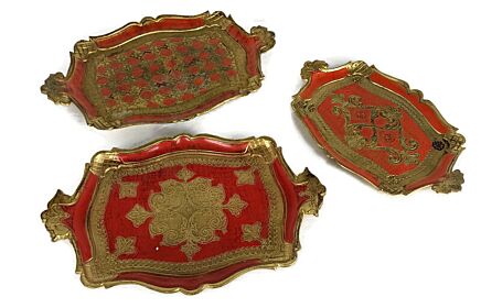 set of 3 Mid Century Italy Hollywood Regency Florentine Serving Tray Gold resine small