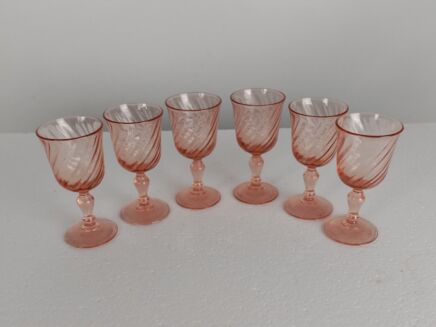 set of 6 shot glasses pink  twisted stems antique art deco lovely