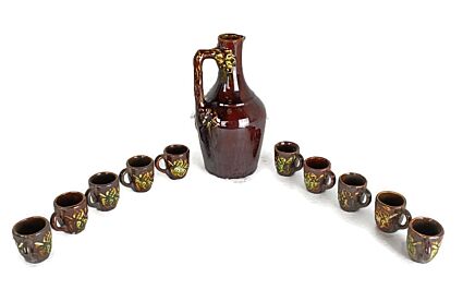 ceramic Jar and 10 shot glasses ceramic Grapes set of 11 brown pottery faience 