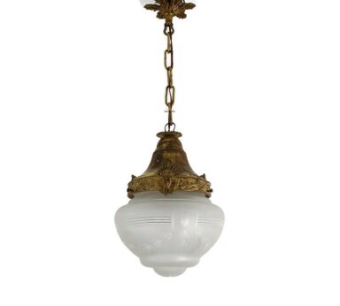 Pendant Chandelier Brass Etched Glass Shade Ornate Faces antique Light