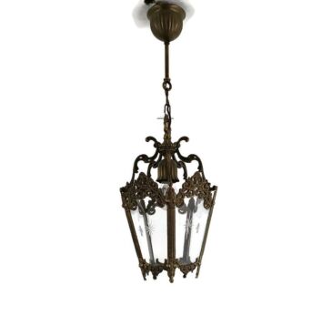 Brass Etched Glass Lantern Pendant Ceiling Fixture Vintage 1 light Chandelier