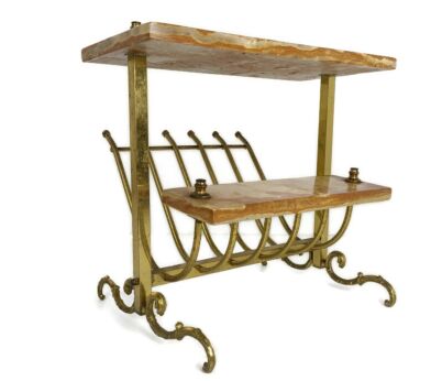 Hollywood regency Style Newspaper Magazine Rack Brass Marble top Ornate 