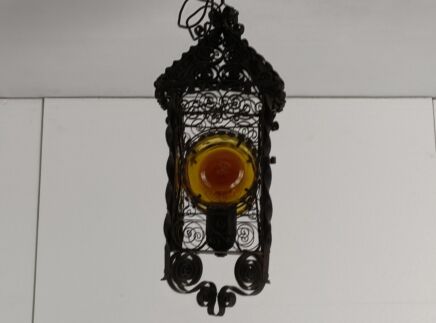 Gorgeous Pendant Wrought Iron Colored Glass Disc Lantern 1 light Vintage