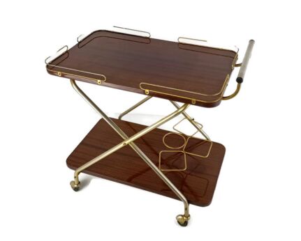 Foldable Bar Cocktail Tea Entertainment Cart Trolley Kitchen Island Veneer Brass Retro Barware 