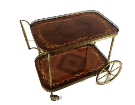 Square Italian Bar Cocktail Tea Cart Trolley Hollywood Regency Marquetry Inlay Vintage  