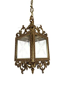 Hall Lamp Chandelier Etched Glass Vintage Hanging Light  Fixture Ceiling  Brass