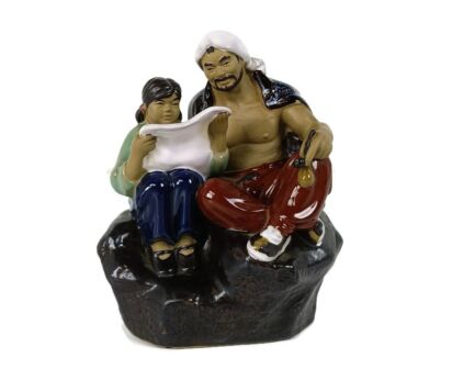 Wanjiang Chinese Mudmen Vintage Father and Daughter Mud Men  Figurine Statue Pottery  Glazed Polychrome