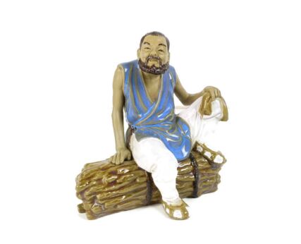 Wanjiang Chinese Mudmen Vintage  Young Man on Bamboo Mud Men  Figurine Statue Pottery  Glazed Polychrome