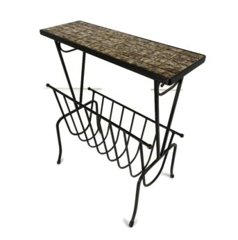 Vintage Mid Century Modern Magazine Newspaper Basket Rack  Table wrought iron Ceramic Mosaic  Tiles  