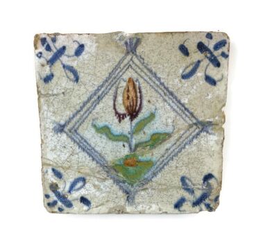 1700s  Antique Delft Tile Dutch Decorative Polychrome Flower 