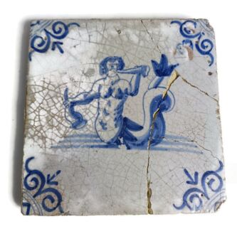 1700s  - 1600s Antique Delft Tile Dutch Decorative Merman Blue white Extremely rare