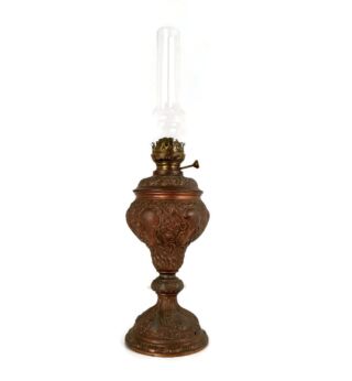 antique  Table oil lamp Burner with Glass Chimney  Ornate Spelter 