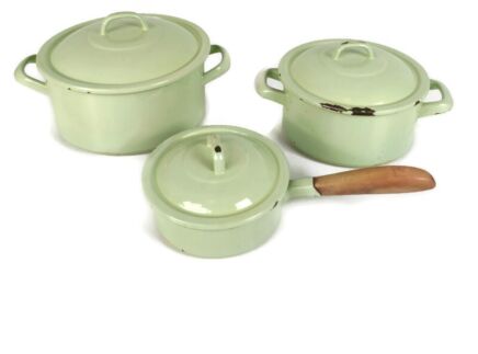 Set of 3  Saute Steel Pan Saucepan  and two pots Enamel Barn style Farmhouse