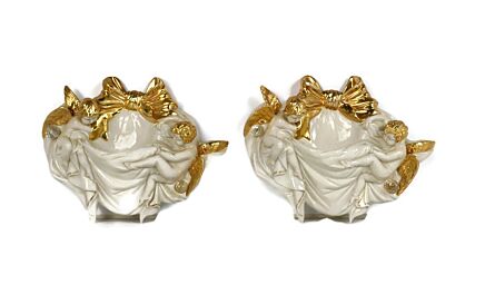 Pair Capodimonte Bedin Wall hangings Planters Fonts Porcelain Italy Angels Gold Gilded