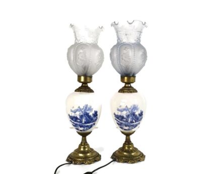 Couple Table Desk lamp Delft Blue  Porcelain Blue White Frosted Glass Shades Vintage 