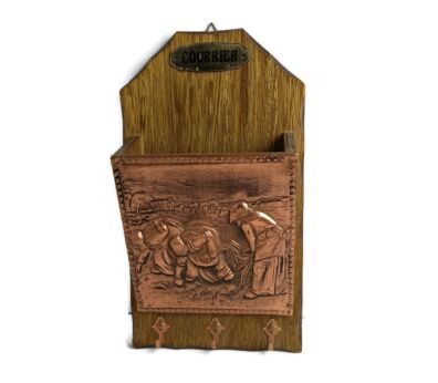 Magazine Letter box Wall hanging art Deco Hammered Copper Plate on Wood Angelus Lovely