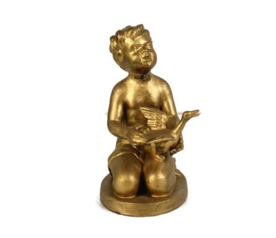 Statue Gold Gild Plaster Nude Boy Putti with Duck after Jacob Ludwig Schmitt vintage