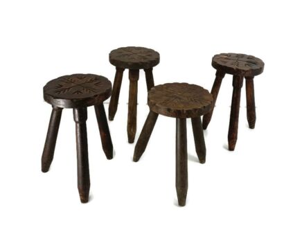 set of 4 Spanish Tripod Side Display Wine Milking Stools Tables Pedestals Plant Bonsai Stands Carved Wood Vintage Barn Country Farmhouse