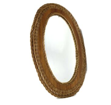 Vintage Mirror Rattan teak  Frame French Modernist Scandinavian   Japandi Style 