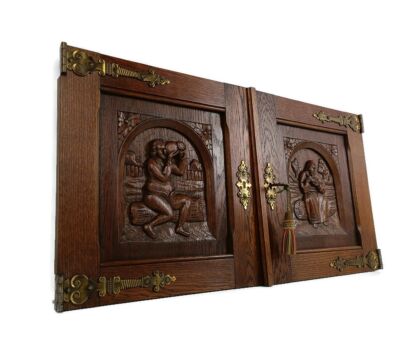 Pair Vintage Carved Wood Door Panels Breughel Style Architectural Salvaged Brass Trims 