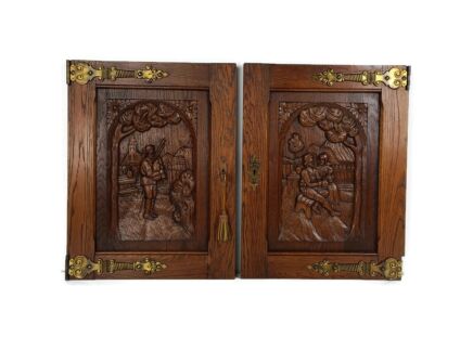 Pair Vintage Carved Wood Door Panels Brass Trims Breughel Style Architectural Salvaged  Reclaimed 