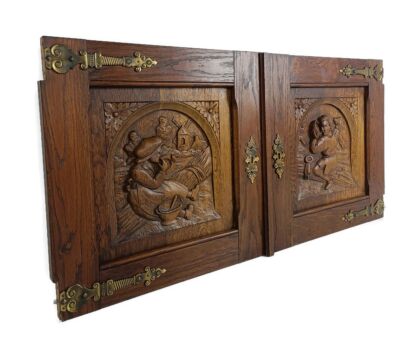 Pair antique Carved Wood Door Panels Brass Trims Breughel Style Architectural Salvaged Reclaimed