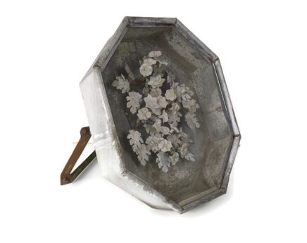 French Antique Victorian Mourning Box with Wreath immortelle 1800 Memorial Zinc  