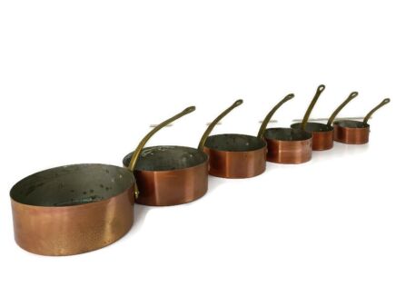 set of 6 Vintage French Copper Saute Steel Pans Saucepans Hammered Finish