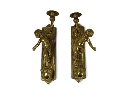 Pair Gorgeous Wall Mounted Sconces  Ampliques Candle Holders Putti Cherub Angels Brass 