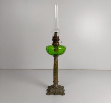 antique oil lamp Spelter Faux Brass  Green Glass   Desk Lamp Burner Chimnee  