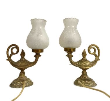 pair Vintage Ornate Brass Lams Glass Shades Genie Alladin Lamps Funky