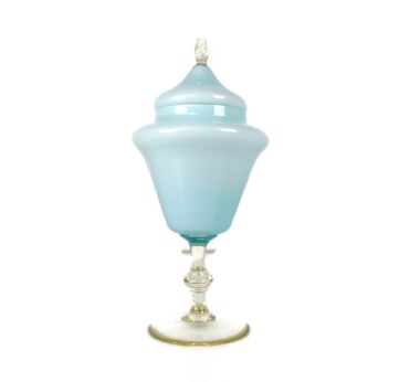 Vintage Goblet Apothecary Candy Jar Lidded Art Glass Baby Blue  Glass Italy decorative 