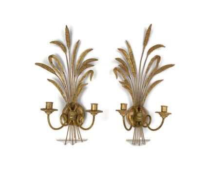 pair of Metal Plaster Hollywood regency wall sconces double candle holders Sheats of wheat 