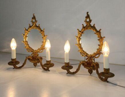 Pair Ornate Brass Wall Sconces Ampliques Bronze Doré with mirror Louis XV style Vintage