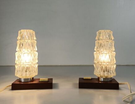 Couple Mid Century Desk Table Nightstand Lamps  Bubbled Glass Wooden base Vintage