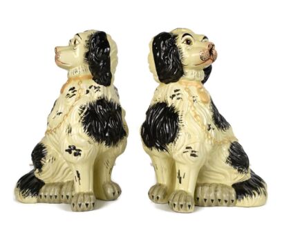 Antique Couple Pair Staffordshire Mantlepiece Wally Spaniel Dogs Porcelain  