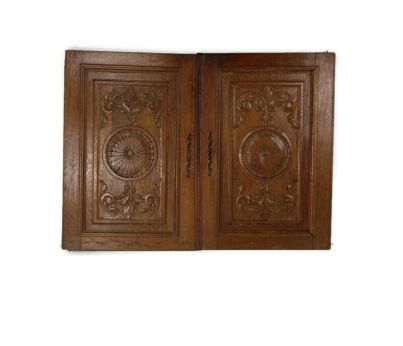 Pair Antique Hand Carved Wood Door Panels Reclaimed Architectural English Style 