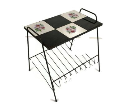 Side Table Magazine Newspaper Rack Basket  Wrought Iron Legs Ceramic Tiles Vintage  